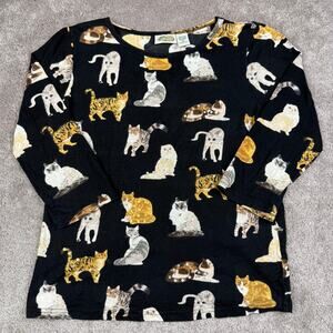 Vtg Black All Over Cat Sequin Top Size M Collections Grandma Kitty Cottage